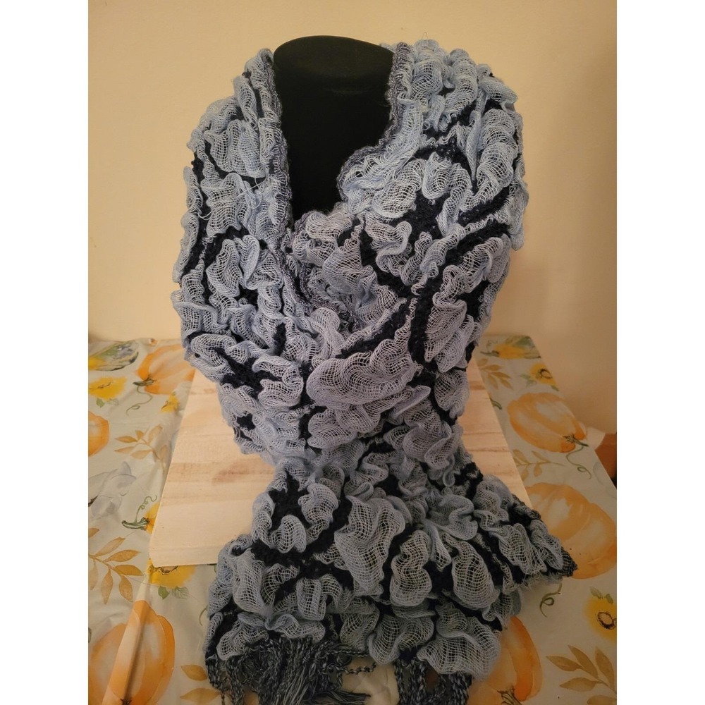 Vintage Blue 68" Pashmina Brand Broomstick Lace Scarf/ Wrap 40% Wool & 60% Silk